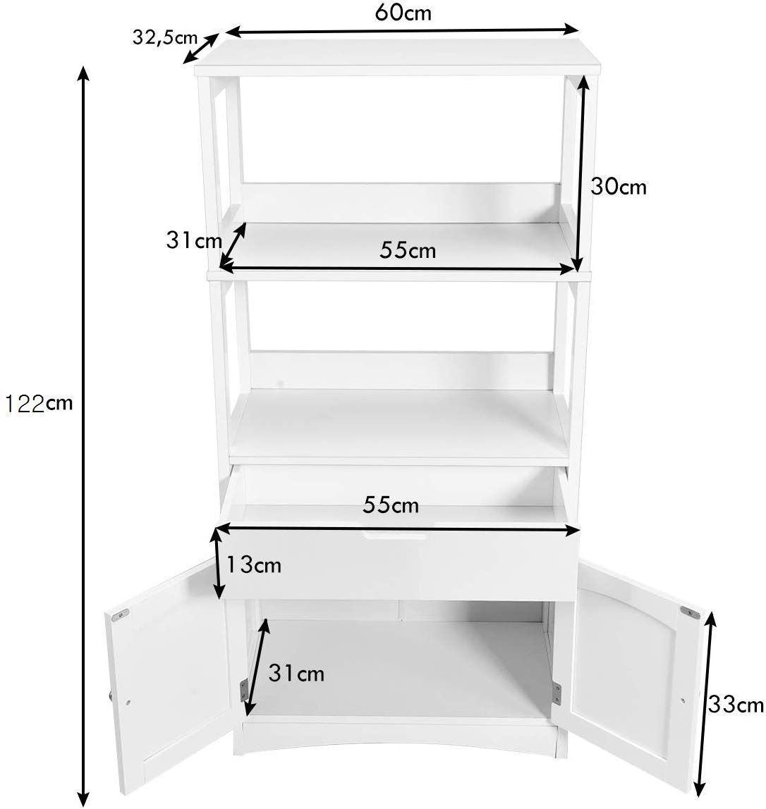 Armoire De Salle De Bain Avec 2 Portes 1 Tiroir 3 Etagères Ouvertes Capacité 70 Kg En Mdf 32,5X60X122Cm Blanc/Noir/Gris