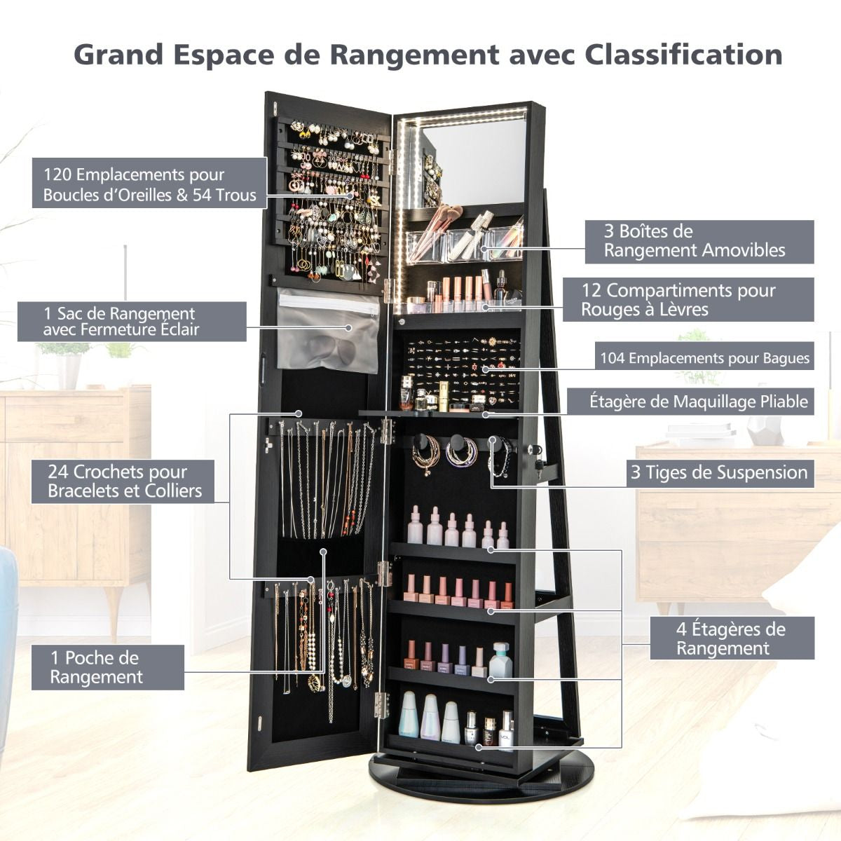 Armoire À Bijoux Pivotante À 360°Avec Lumières LED 3 Couleurs Miroir Pleine Longueur Et Étagère 3 Niveaux En Arrière 10 Couleurs Au Choix