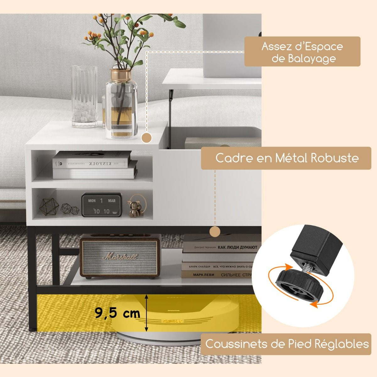 Table Basse À Plateau Relevable Table De Salon Avec Compartiment Caché Et Etagère De Rangement Amovible Table Centrale Rabattable Blanc/Gris