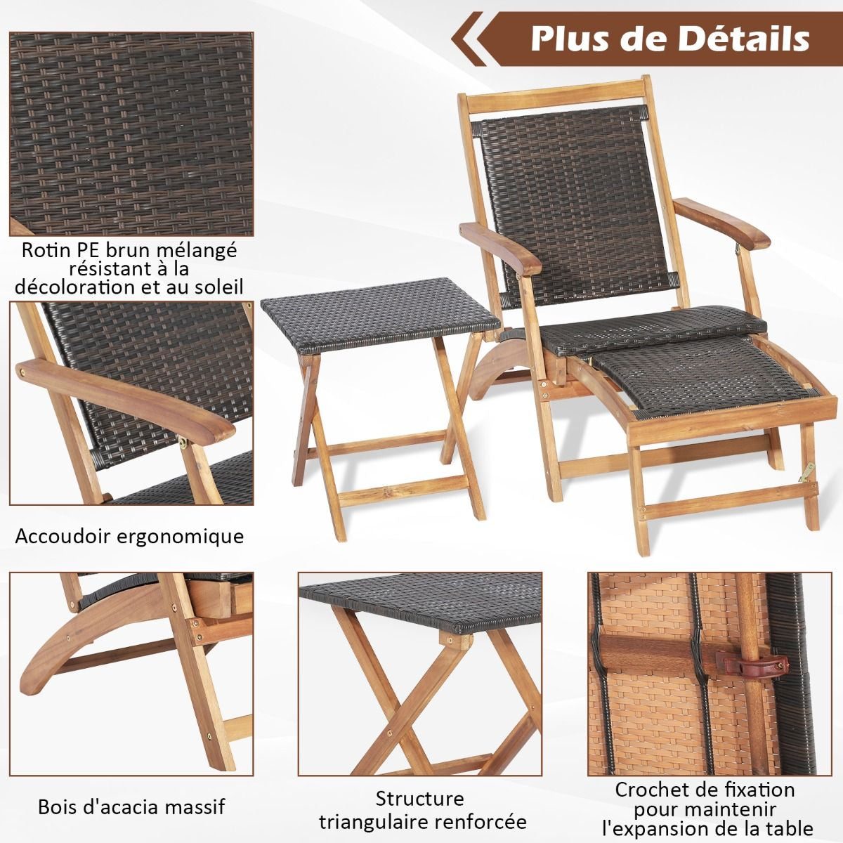 Chaise Longue En Rotin Avec Repose-Pied Rétractable Table D'Appoint Pliable Et Accoudoirs Pour Jardin