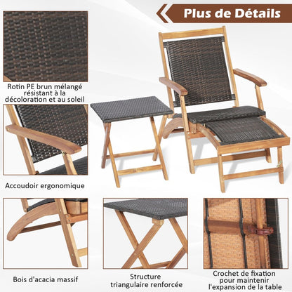 Chaise Longue En Rotin Avec Repose-Pied Rétractable Table D'Appoint Pliable Et Accoudoirs Pour Jardin