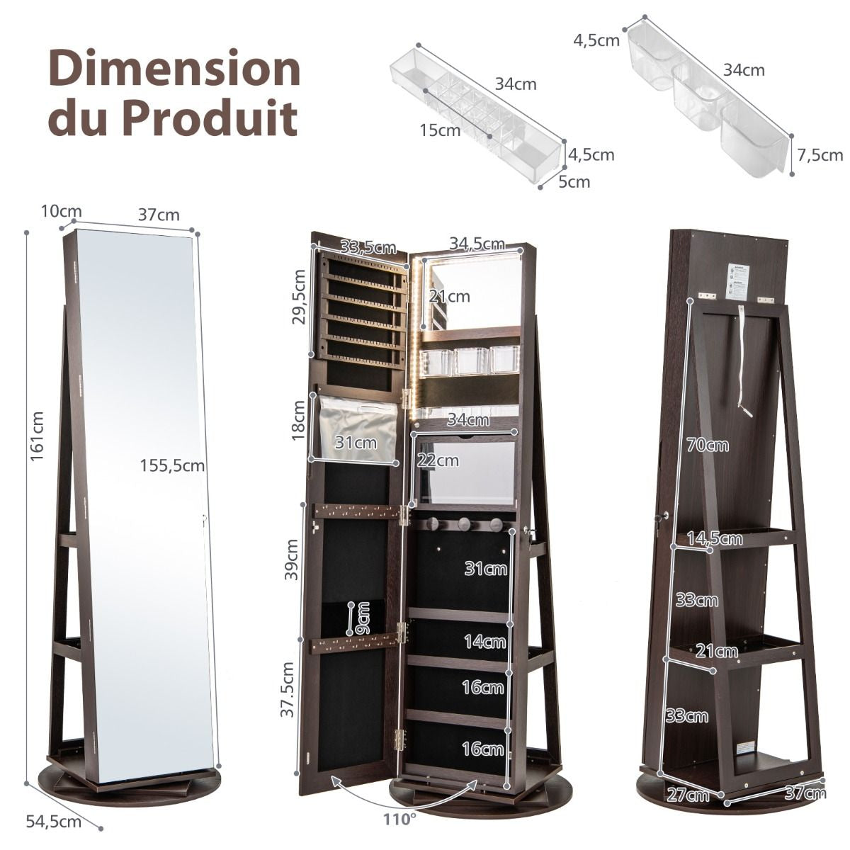 Armoire À Bijoux Pivotante À 360°Avec Lumières LED 3 Couleurs Miroir Pleine Longueur Et Étagère 3 Niveaux En Arrière 10 Couleurs Au Choix