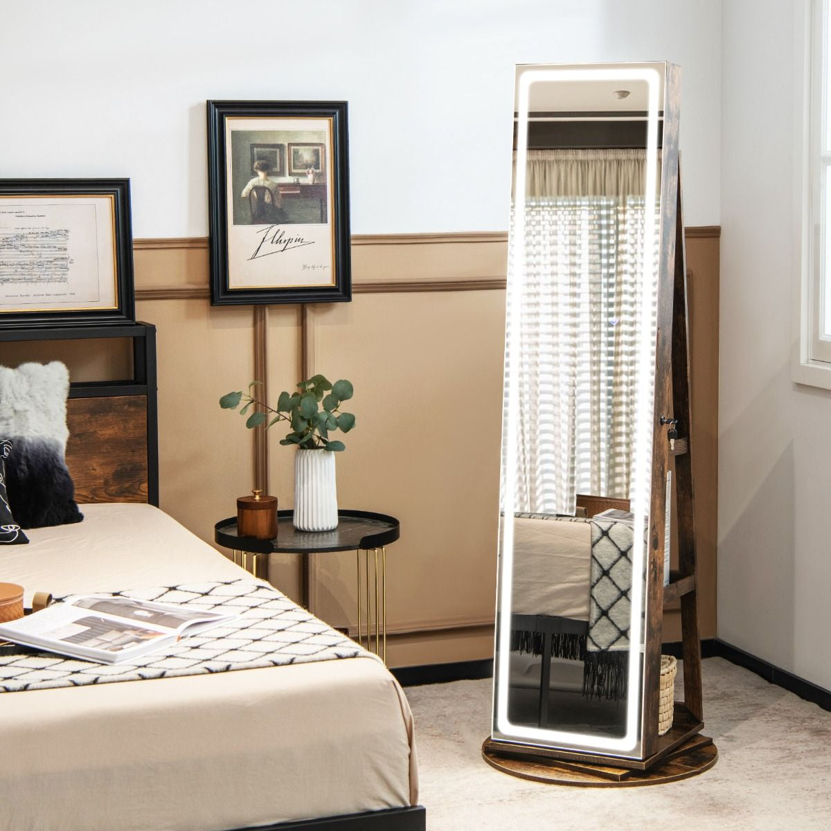 Armoire À Bijoux Avec Miroir Sur Pieds Pivotant 360° Grand Miroir Psyché Sans Cadre Avec LED Verrouillable Placard Beauté 3 Étagères Blanc/Café