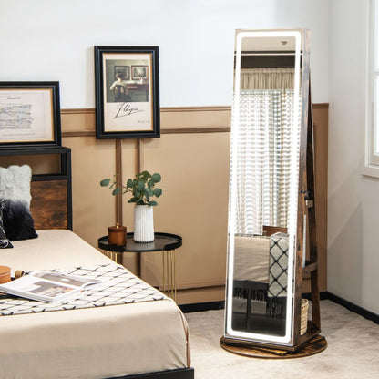 Armoire À Bijoux Avec Miroir Sur Pieds Pivotant 360° Grand Miroir Psyché Sans Cadre Avec LED Verrouillable Placard Beauté 3 Étagères Blanc/Café