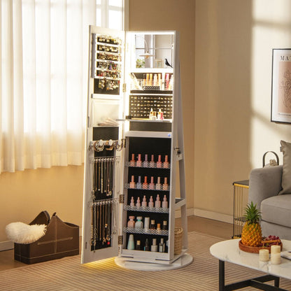 Armoire À Bijoux Avec Miroir Sur Pieds Pivotant 360° Grand Miroir Psyché Sans Cadre Avec LED Verrouillable Placard Beauté 3 Étagères Blanc/Café