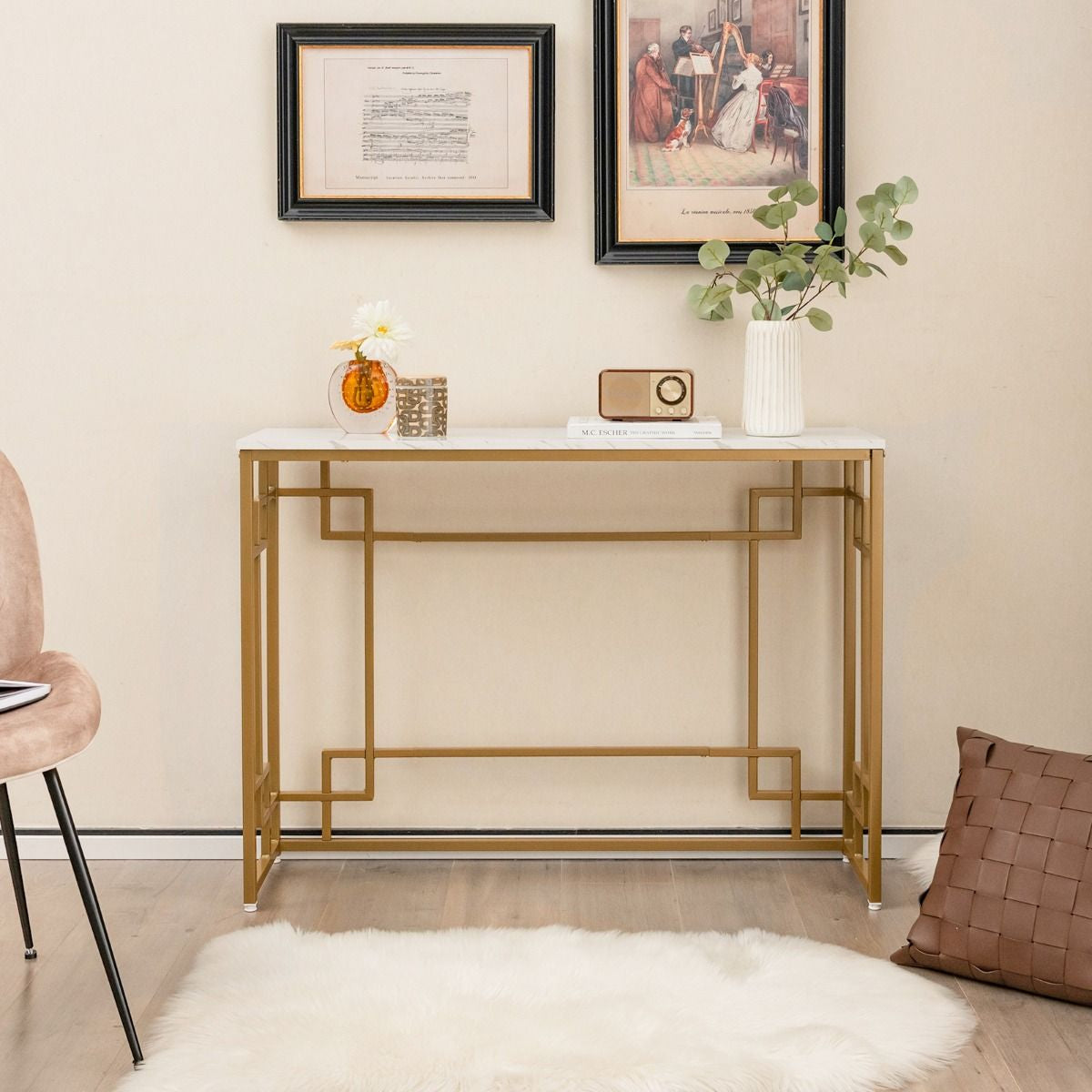 Table Console Meuble D'Entrée En Faux Marbre Cadre En Métal Doré Design Géométrique Kit Anti-Basculement 110 X 30 X 81 Cm Blanc
