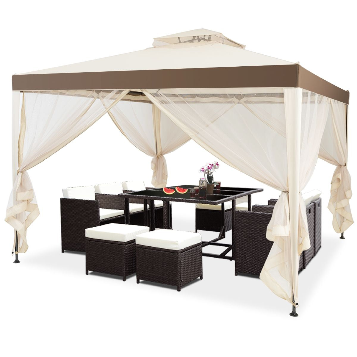 Tente De Réception Tonnelle De Jardin Imperméable Double Toits Moustiquaire Protection UV 50+ Imperméable 3X3M Pour Terrasse Jardin Brun/Beige