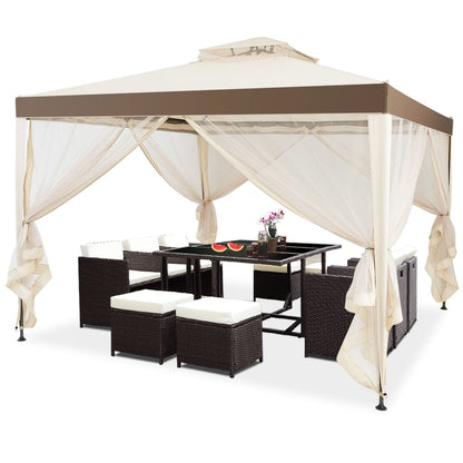 Tente De Réception Tonnelle De Jardin Imperméable Double Toits Moustiquaire Protection UV 50+ Imperméable 3X3M Pour Terrasse Jardin Brun/Beige