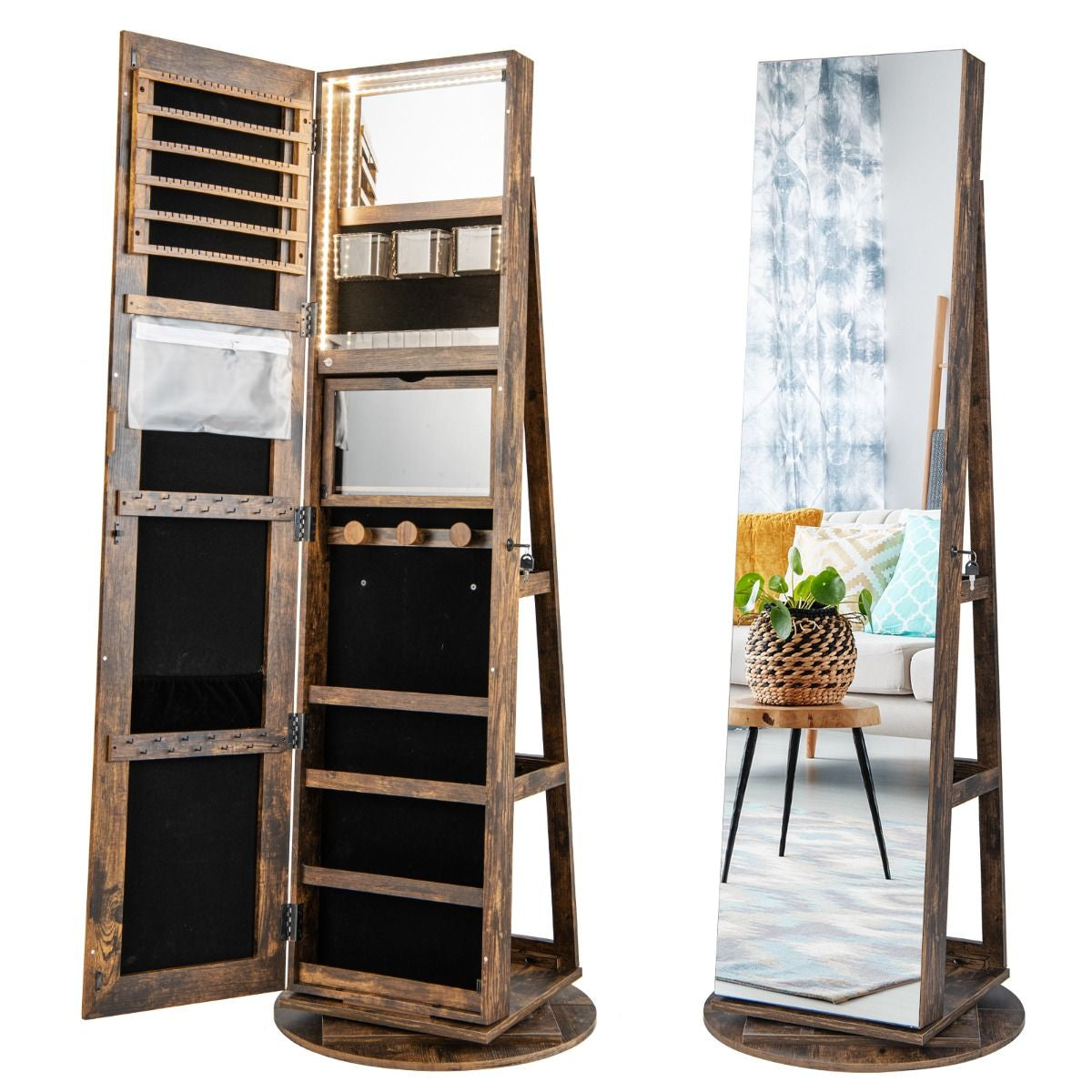 Armoire À Bijoux Pivotante À 360°Avec Lumières LED 3 Couleurs Miroir Pleine Longueur Et Étagère 3 Niveaux En Arrière 10 Couleurs Au Choix