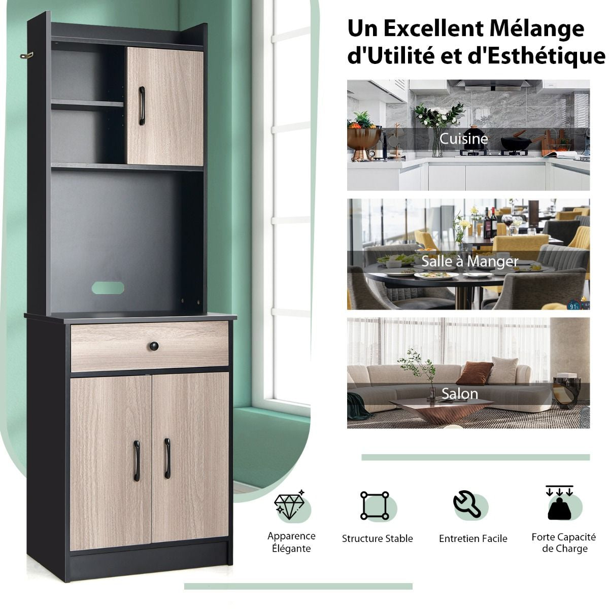 Buffet De Cuisine Meuble Cuisine Rangement Avec 3 Portes Et 1 Niche De Rangement Passe-Câble 60 X 40 X 180 CM Noir/Blanc