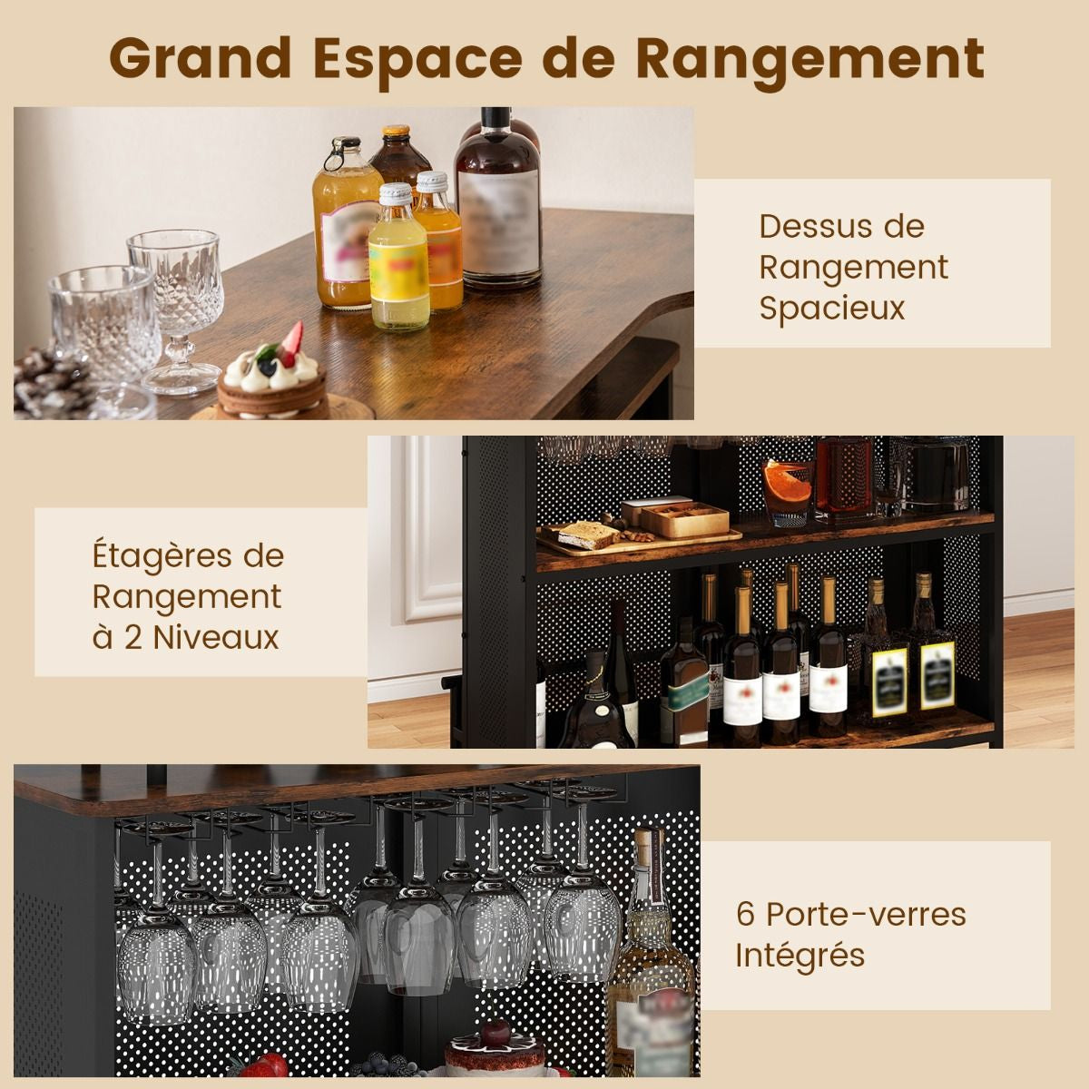 Table De Bar À Domicile À 4 Niveaux Armoire De Bar Avec 2 Étagères Pour Vin Et 6 Supports De Verres Repose-Pieds En Métal 7 Pieds Réglables Noir/Marron
