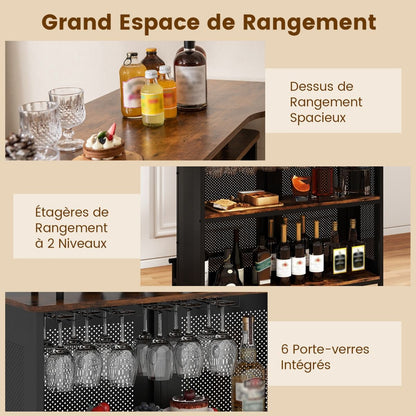 Table De Bar À Domicile À 4 Niveaux Armoire De Bar Avec 2 Étagères Pour Vin Et 6 Supports De Verres Repose-Pieds En Métal 7 Pieds Réglables Noir/Marron