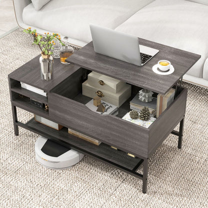 Table Basse À Plateau Relevable Table De Salon Avec Compartiment Caché Et Etagère De Rangement Amovible Table Centrale Rabattable Blanc/Gris