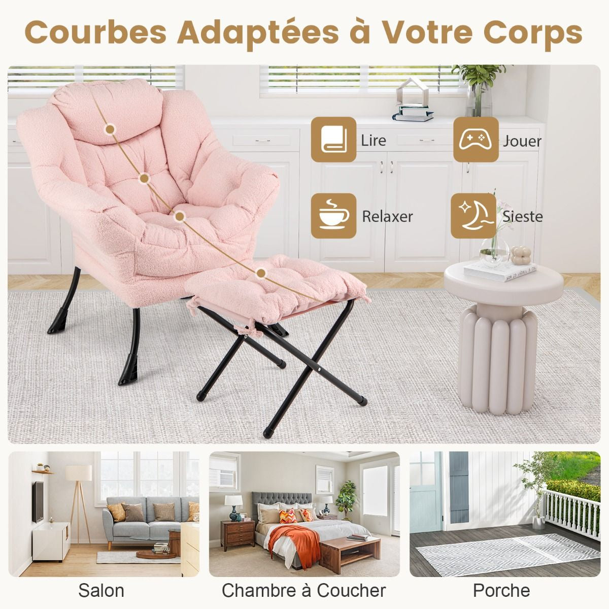 Chaise Paresseuse Avec Ottoman Fauteuil De Loisirs Rembourré Sherpa Moderne Avec Repose-Pied Pliable Coussin De Tête Beige/Gris/Rose