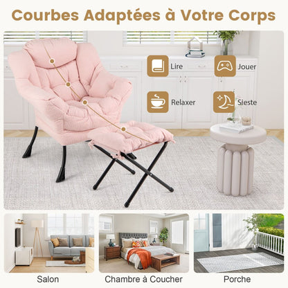 Chaise Paresseuse Avec Ottoman Fauteuil De Loisirs Rembourré Sherpa Moderne Avec Repose-Pied Pliable Coussin De Tête Beige/Gris/Rose