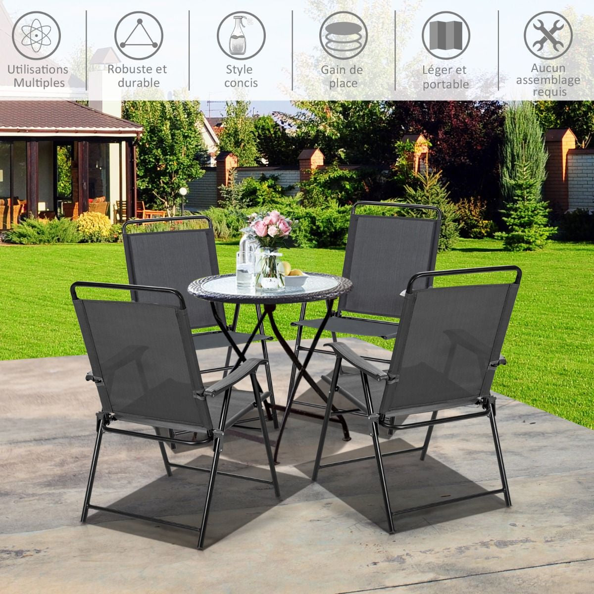 Lot De 4 Chaises Fauteuils De Jardin Pliantes En Textilène Accoudoirs Patins Antidérapants Charge 150KG Gris