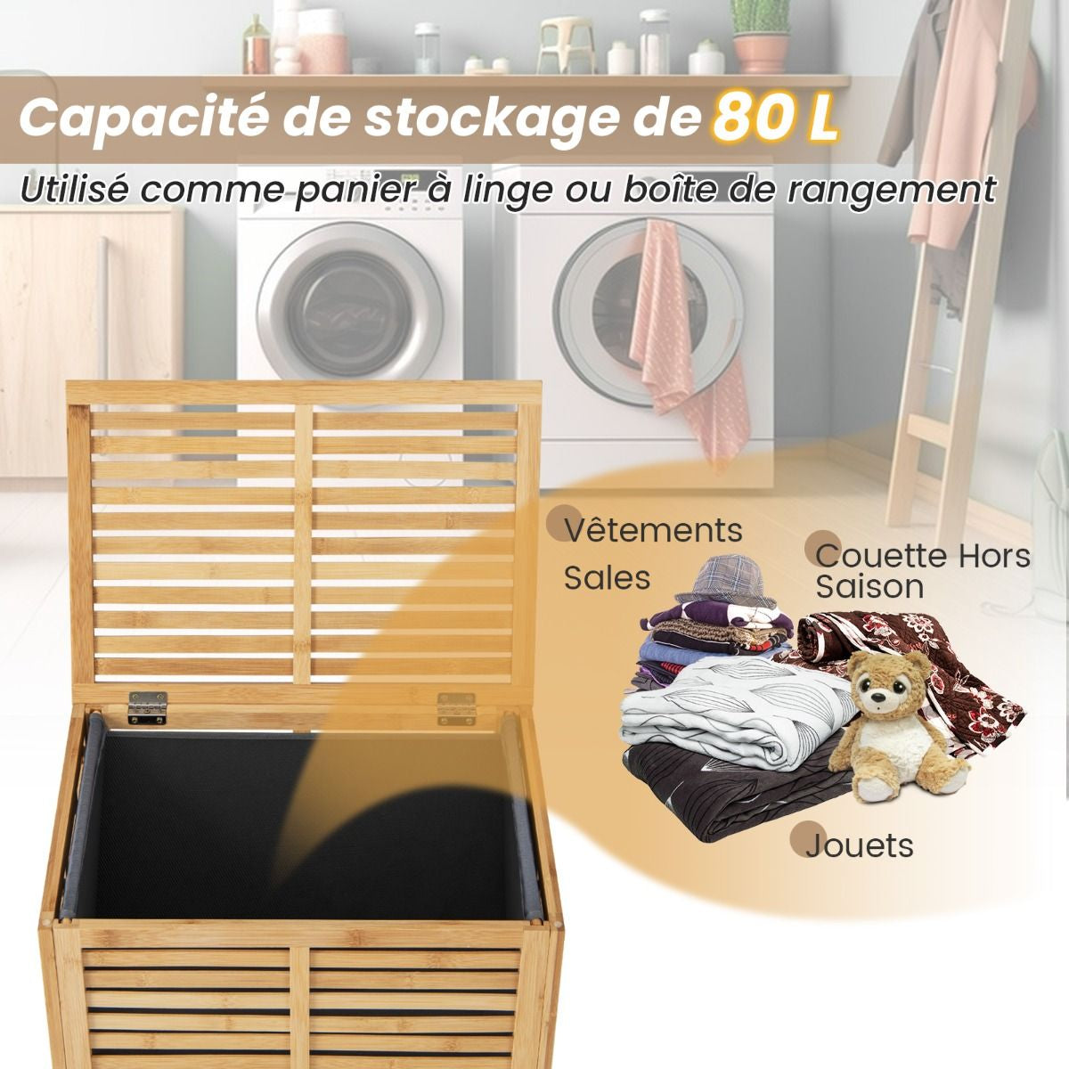 Panier À Linge 80L En Bambou Corbeille À Linge Avec Couvercle Sac À Doublure Et Poignées 50 X 35 X 62 Cm Naturel