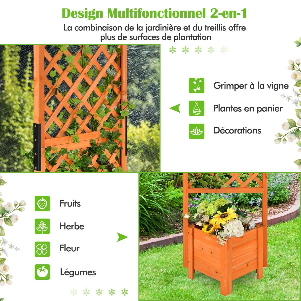 Jardinière Sur Pied Avec Treillis En Bois De Sapin 54,5X52X180Cm Bac À Fleurs Avec Trous De Drainage Pour Plantes Grimpantes