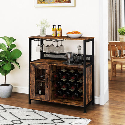 Meuble Bar Meuble À Vin Autonome Avec Casier À Vin Porte-Verres Rangement Buffet Bar Café Industriel Avec Porte En Grillage Brun Rustique