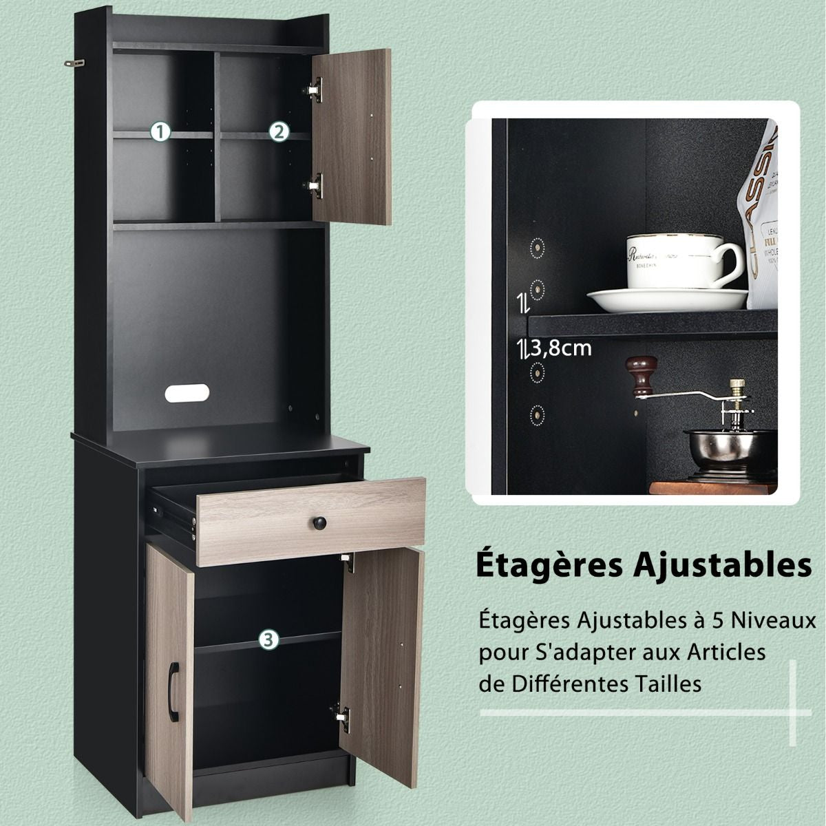 Buffet De Cuisine Meuble Cuisine Rangement Avec 3 Portes Et 1 Niche De Rangement Passe-Câble 60 X 40 X 180 CM Noir/Blanc