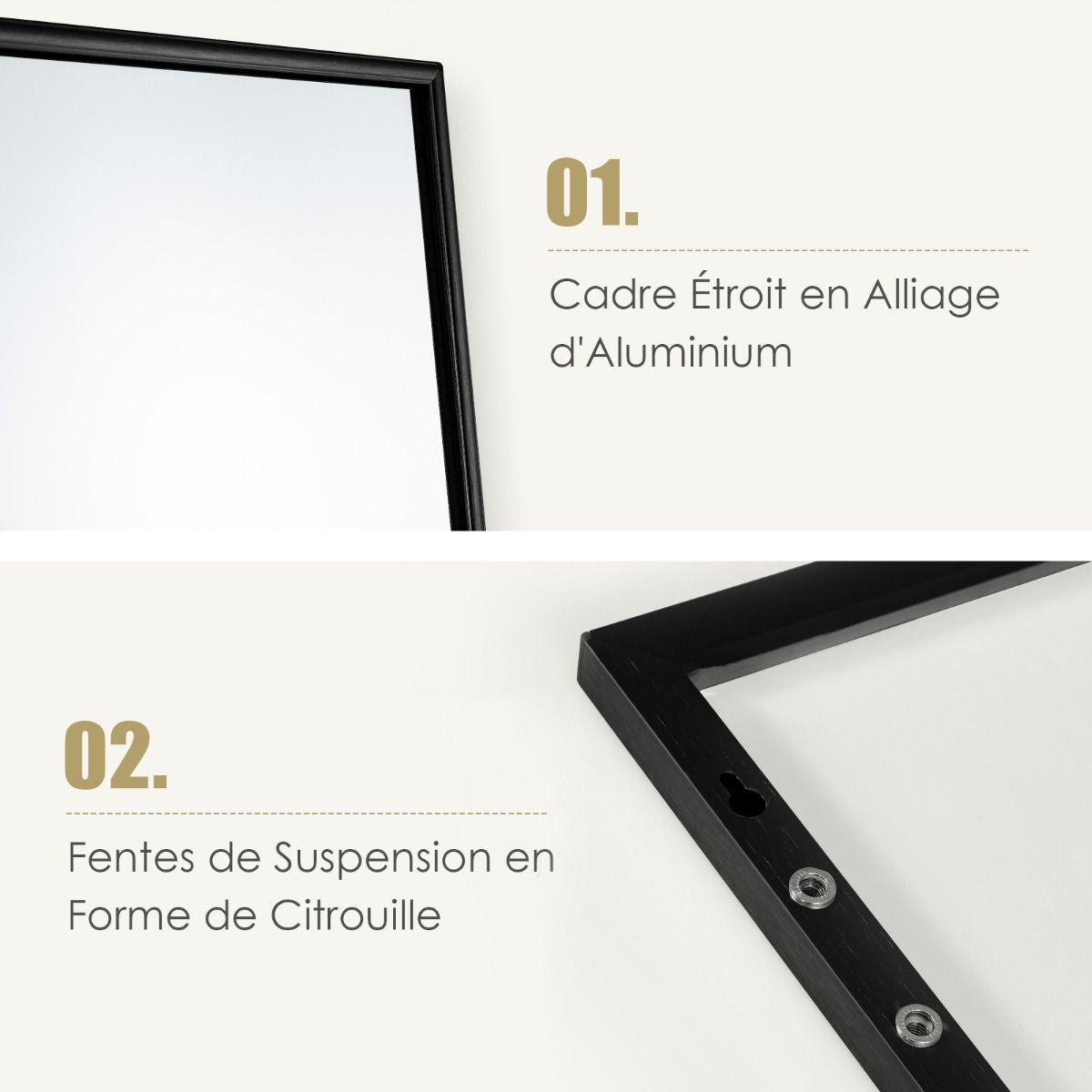 Miroir HD Psyché Mural Miroir Rectangulaire De Grand Format H 120 X L37 CM Cadre Argent En Alliage D'Aluminium Noir/Argent/Or