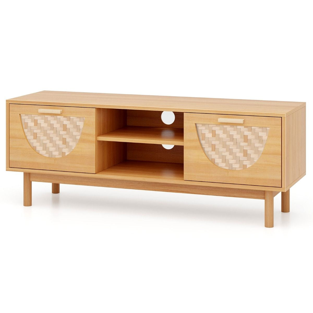 Meuble TV Jusqu'À 55" Table Console Multimédia Moderne Etagères Ouvertes Tiroirs Tissés En Bambou Centre De Divertissement Blanc Et Naturel