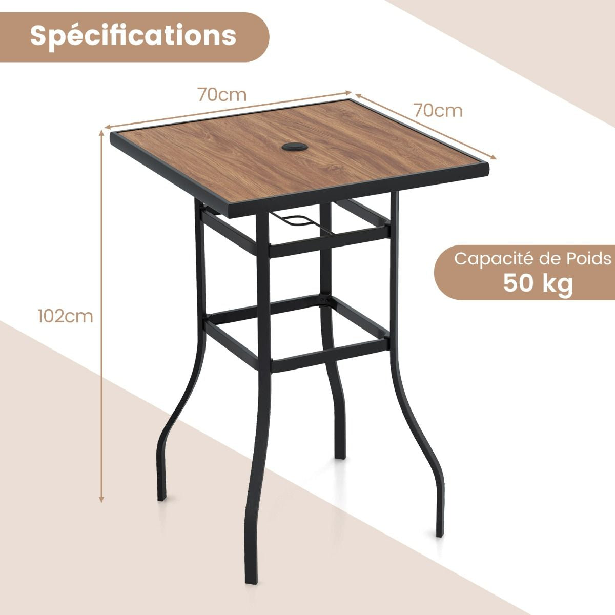 Table De Bar Carrée De Patio 70 Cm Table De Jardin Avec Cadre En Métal Robuste Trou De Parasol De 39 Mm Table Bistrot D'Extérieur