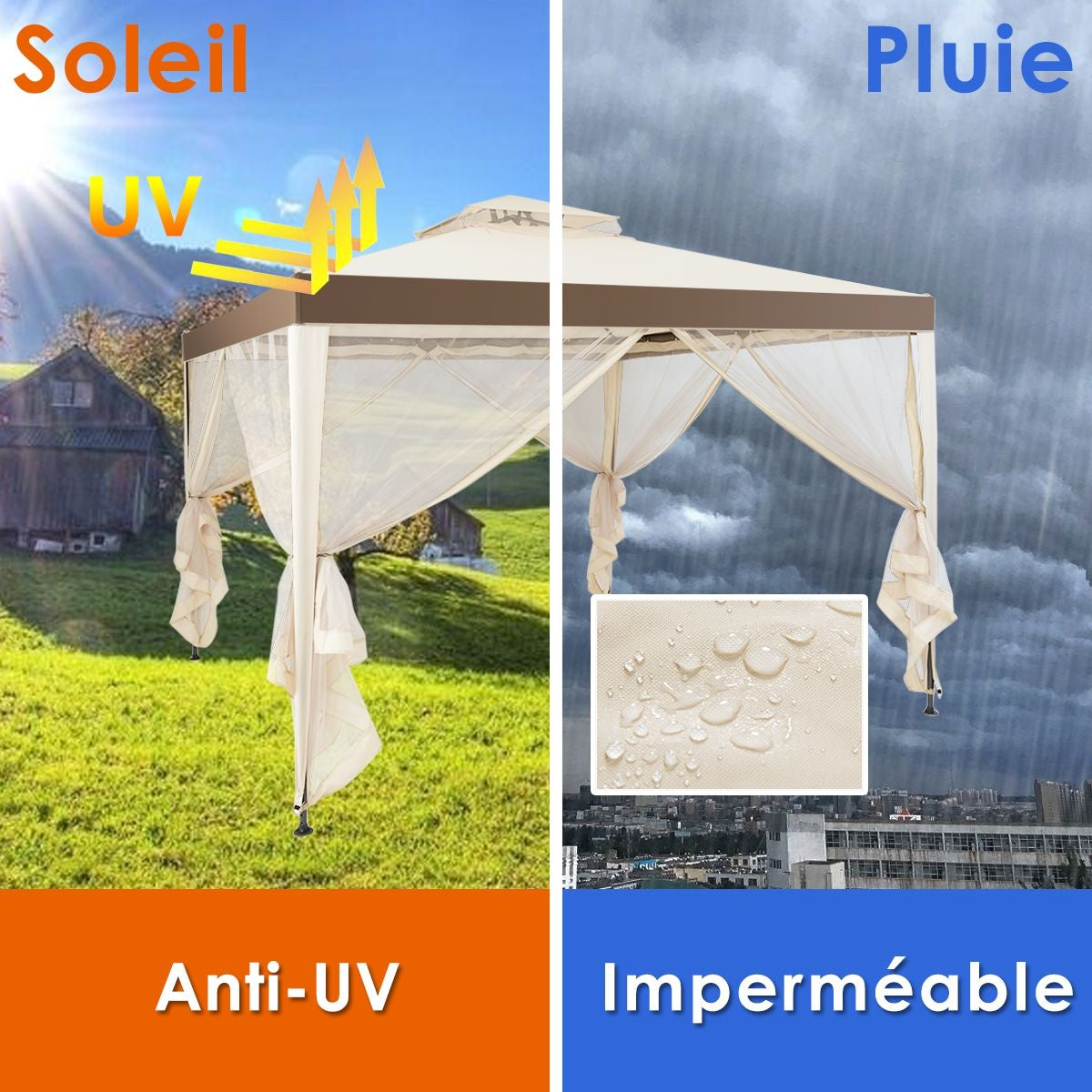 Tente De Réception Tonnelle De Jardin Imperméable Double Toits Moustiquaire Protection UV 50+ Imperméable 3X3M Pour Terrasse Jardin Brun/Beige
