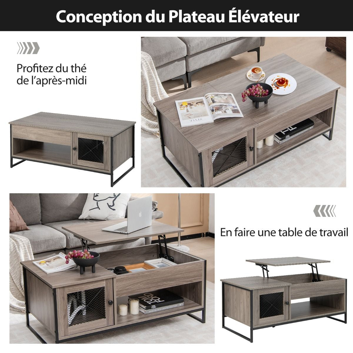 Table Basse Avec Plateau Élévateur Pneumatique Compartiments Ouverts Et 2 Casiers Conception À 2 Porte 104 X 52,5 X 58 Cm