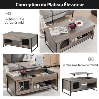 Table Basse Avec Plateau Élévateur Pneumatique Compartiments Ouverts Et 2 Casiers Conception À 2 Porte 104 X 52,5 X 58 Cm