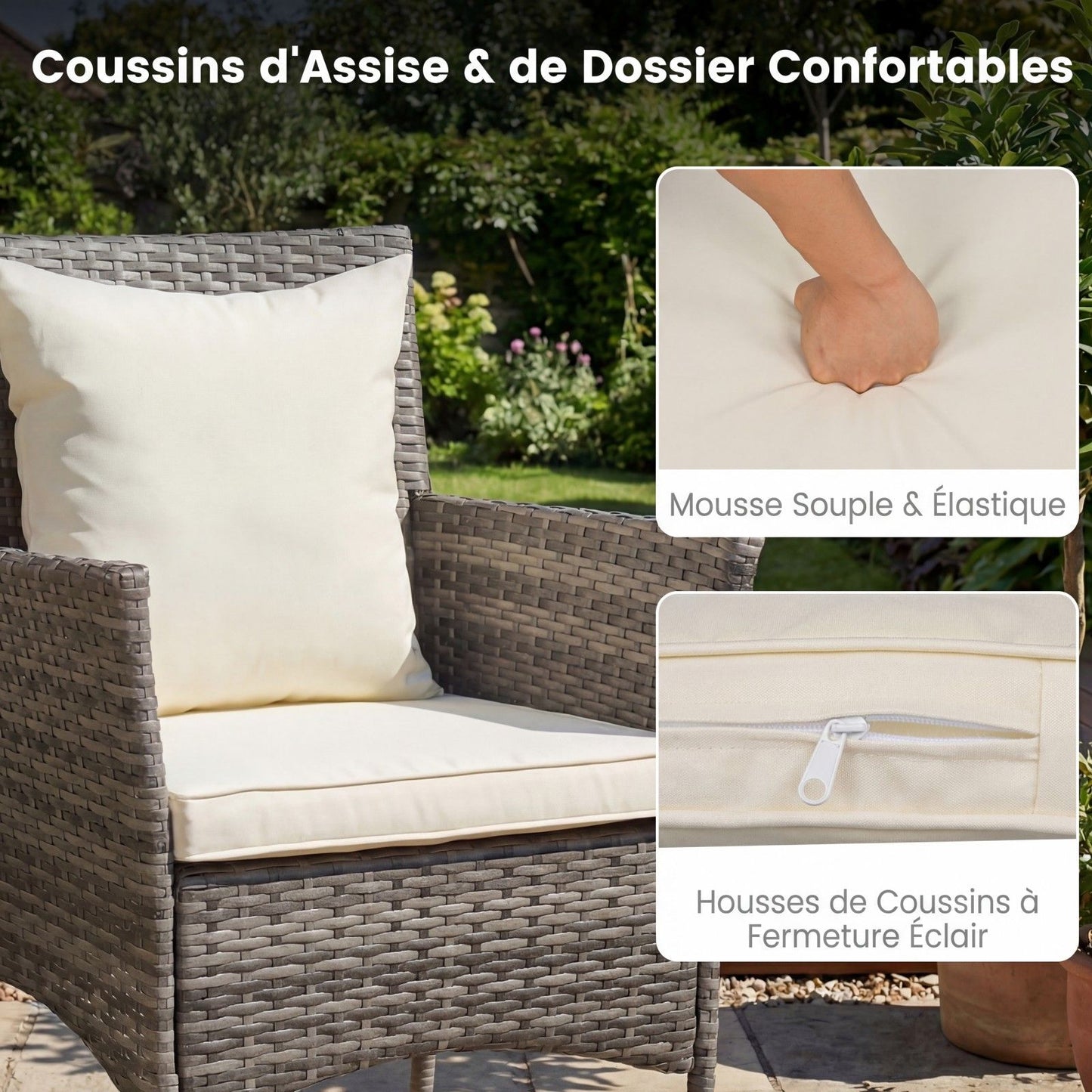 Salon De Jardin En Résine Tressée Table Et 2 Chaises Avec Coussins Et 2 Oreillers Pour Jardin Terrasse Balcon Beige/Gris