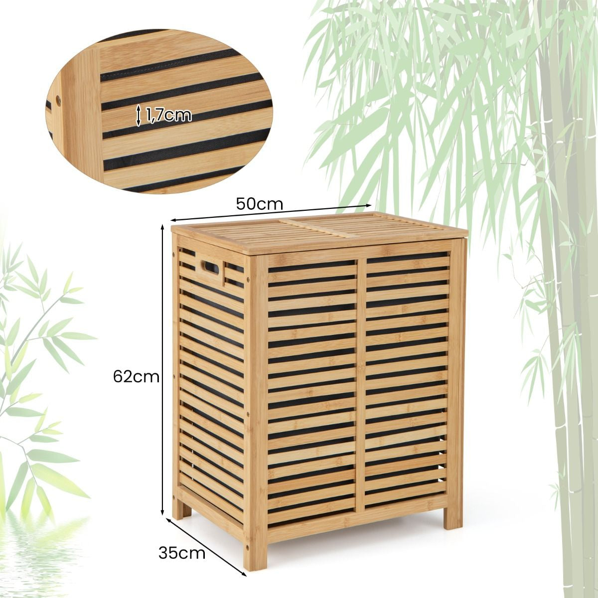 Panier À Linge 80L En Bambou Corbeille À Linge Avec Couvercle Sac À Doublure Et Poignées 50 X 35 X 62 Cm Naturel