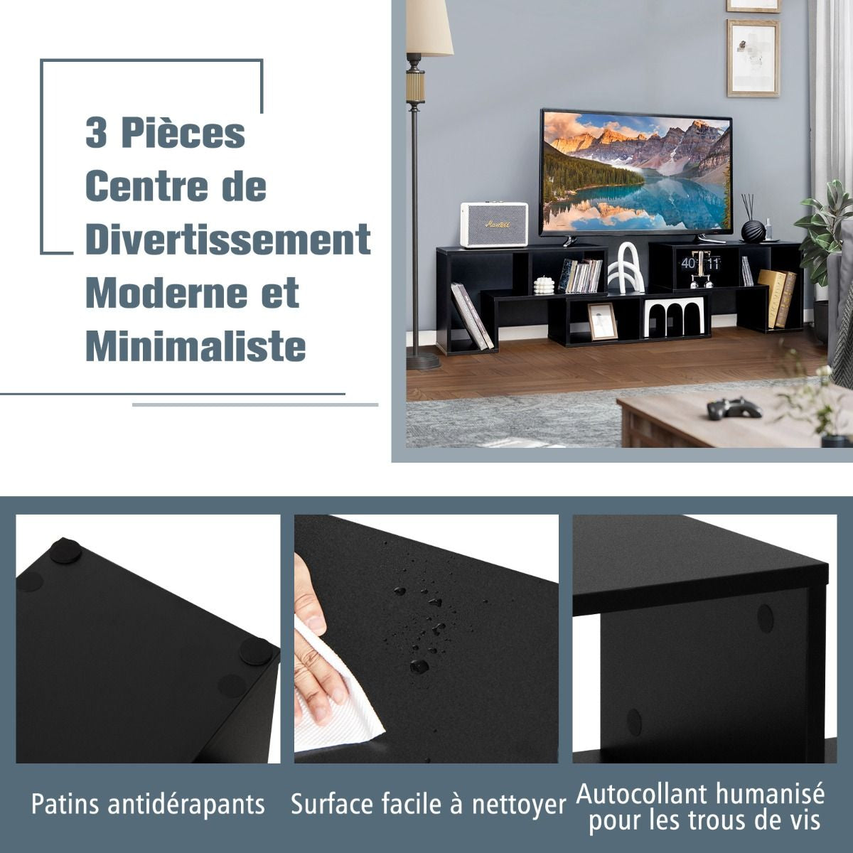 Meuble TV 3 Pièces 134-180X30X43Cm Combination Libre Pour Télévision Jusqu’À 49 Pouces Pour Salon Chambre Bureau En MDF Noir/Blanc/Café/Gris