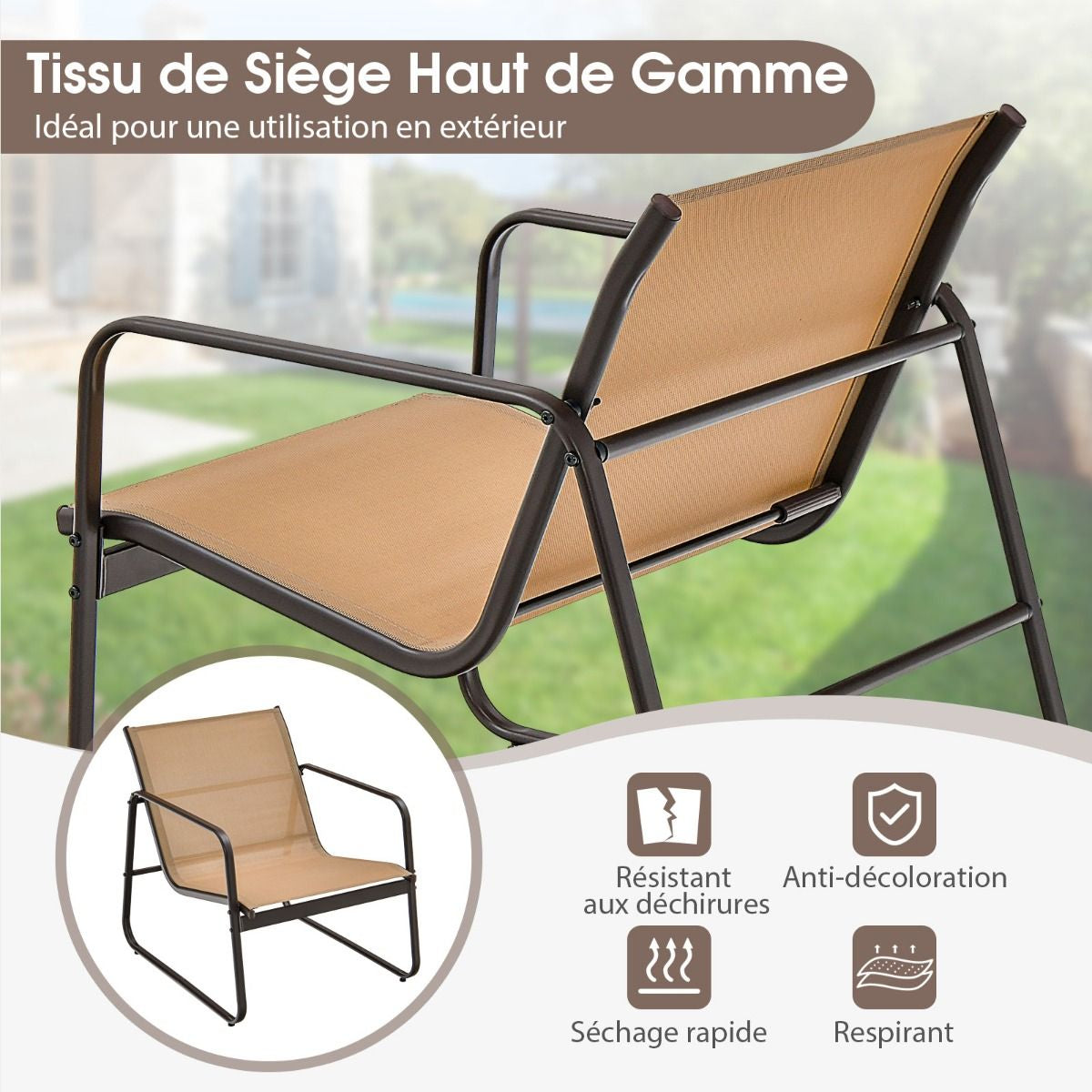 Salon De Jardin 3 PCS En Textilène Anti-Uv Table Basse En Verre Trampé Cadre En Métal Marron/Noir