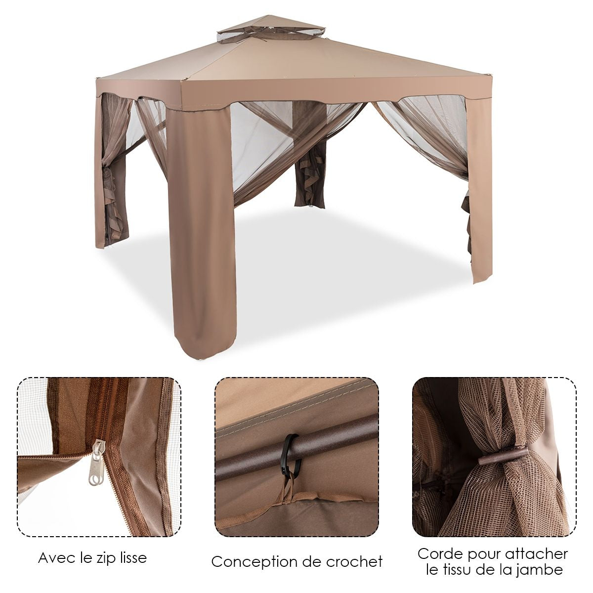 Tente De Réception Tonnelle De Jardin Imperméable Double Toits Moustiquaire Protection UV 50+ Imperméable 3X3M Pour Terrasse Jardin Brun/Beige
