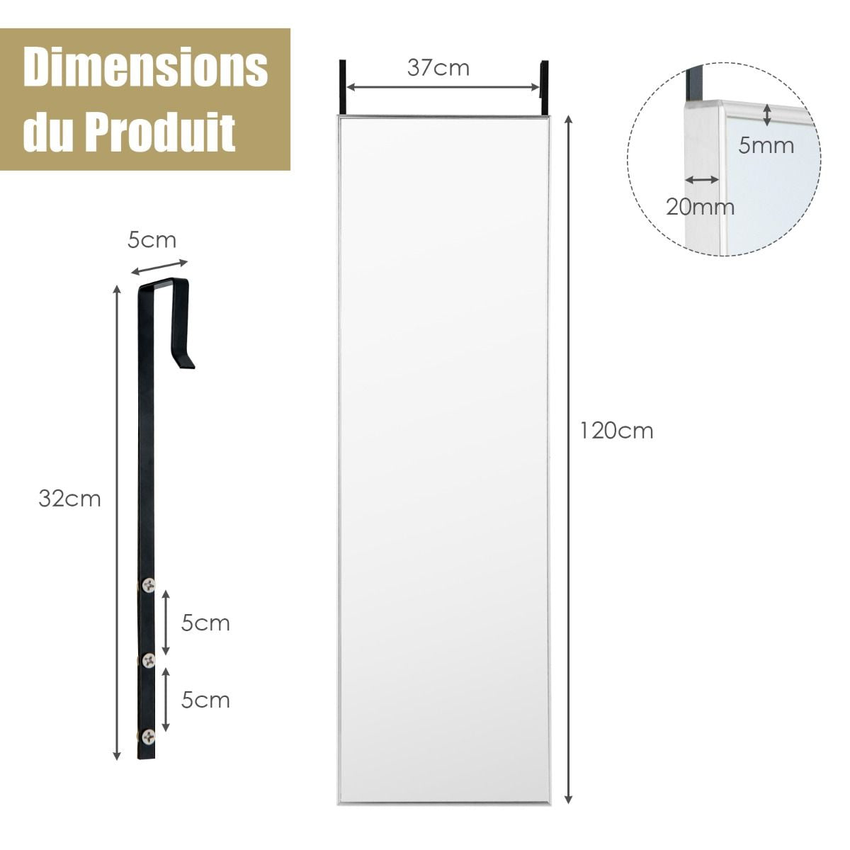 Miroir HD Psyché Mural Miroir Rectangulaire De Grand Format H 120 X L37 CM Cadre Argent En Alliage D'Aluminium Noir/Argent/Or