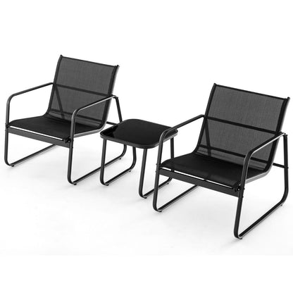 Salon De Jardin 3 PCS En Textilène Anti-Uv Table Basse En Verre Trampé Cadre En Métal Marron/Noir