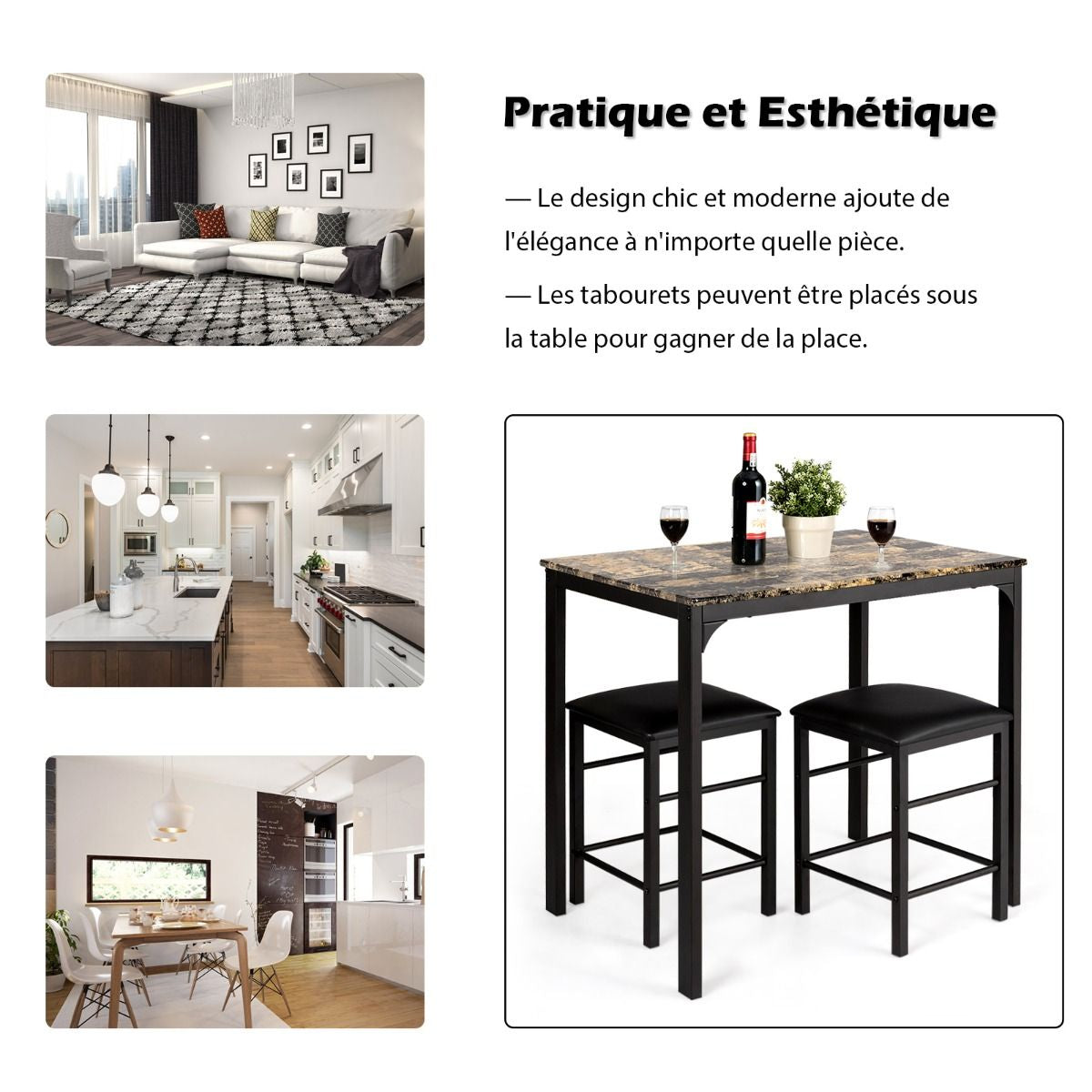 Table Haute Cuisine Avec 2 Tabourets Table Bar Cuisine Cadre En Métal Mange-Debout Industriel Pour Bistro Salle À Manger Cuisine Blanc/Café/Noir