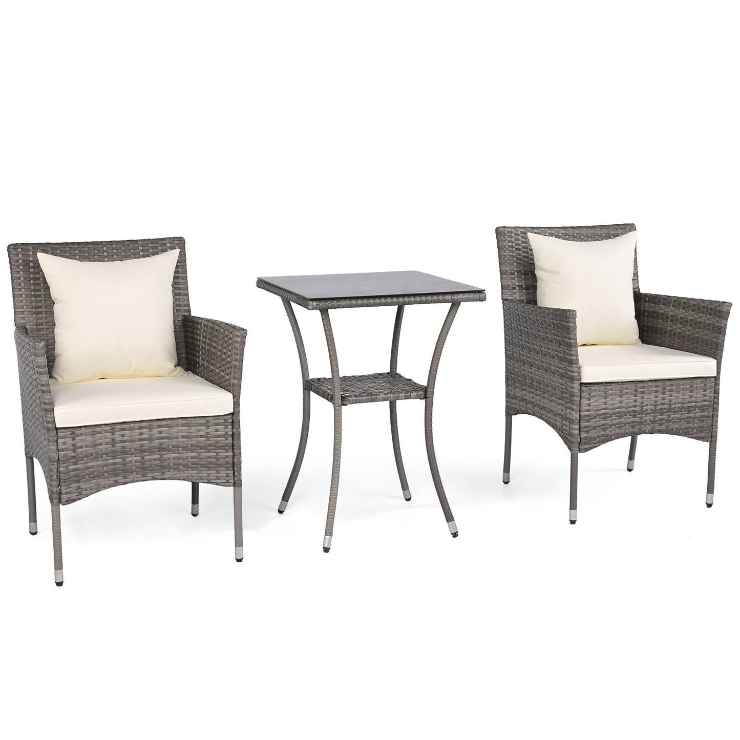 Salon De Jardin En Résine Tressée Table Et 2 Chaises Avec Coussins Et 2 Oreillers Pour Jardin Terrasse Balcon Beige/Gris