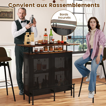 Table De Bar À Domicile À 4 Niveaux Armoire De Bar Avec 2 Étagères Pour Vin Et 6 Supports De Verres Repose-Pieds En Métal 7 Pieds Réglables Noir/Marron