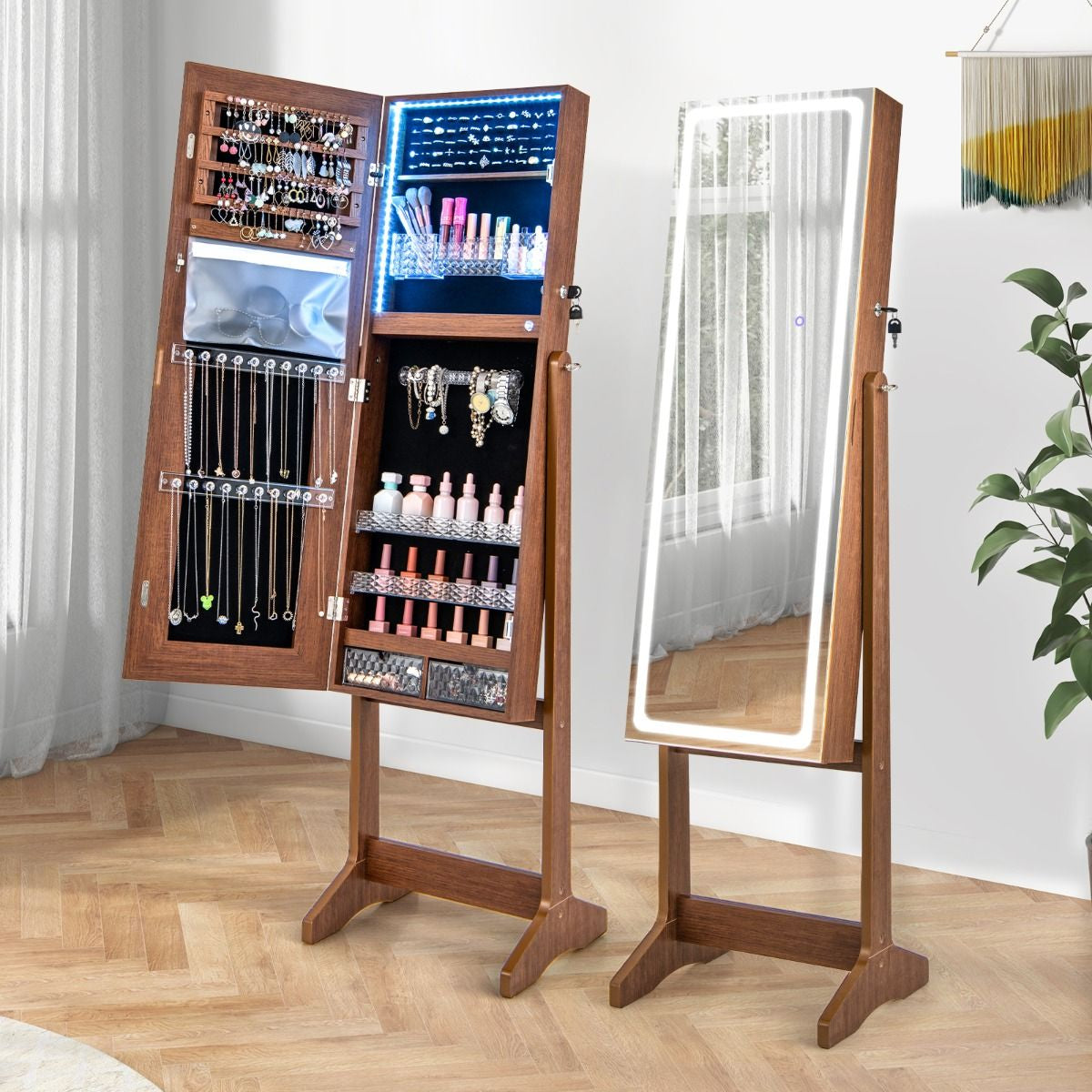 Armoire À Bijoux Sur Pied Avec Lumières LED Armoire Verrouillable Avec Miroir Pleine Longueur Éclairé Blanc/Marron Rustique/Noyer