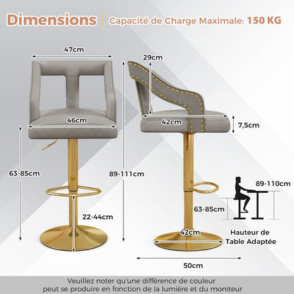 Lot De 2 Chaises De Bar Pivotantes Et Réglables Repose-Pied Base En Métal Galvanisé Anneau Antidérapant Gris/Rose