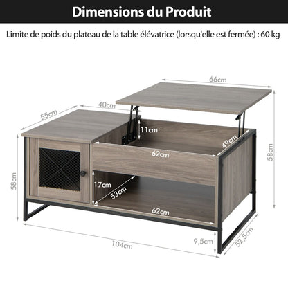Table Basse Avec Plateau Élévateur Pneumatique Compartiments Ouverts Et 2 Casiers Conception À 2 Porte 104 X 52,5 X 58 Cm