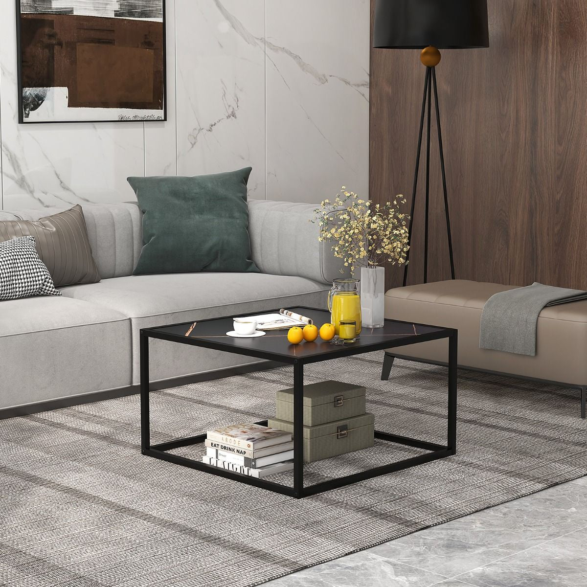 Table Basse Carrée Moderne Avec Dessus De Table En Faux Marbre Et Structure En Acier Noir