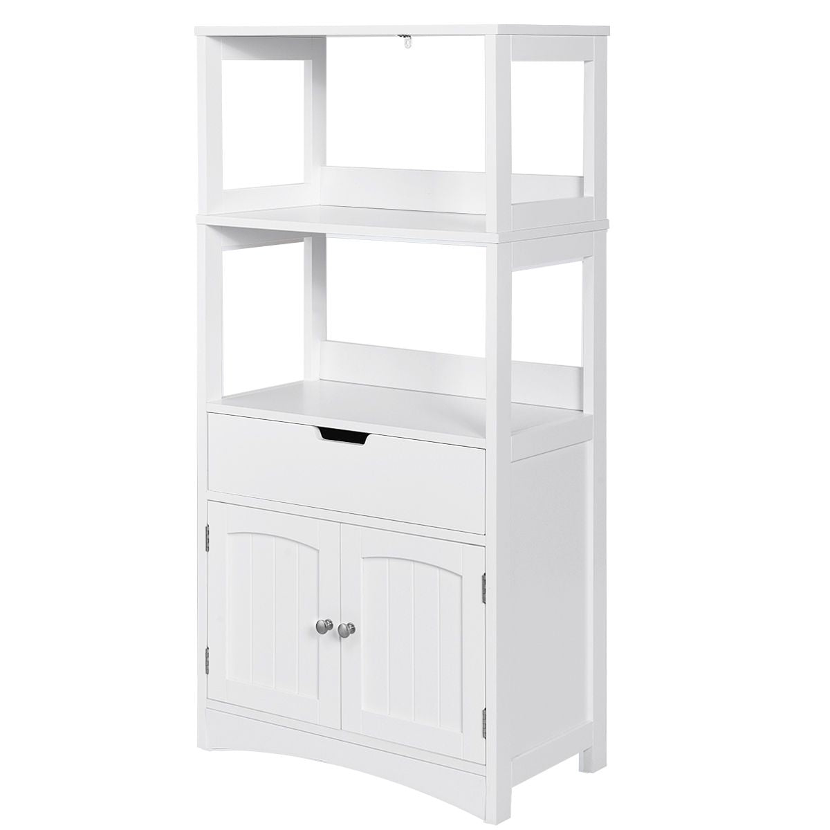 Armoire De Salle De Bain Avec 2 Portes 1 Tiroir 3 Etagères Ouvertes Capacité 70 Kg En Mdf 32,5X60X122Cm Blanc/Noir/Gris