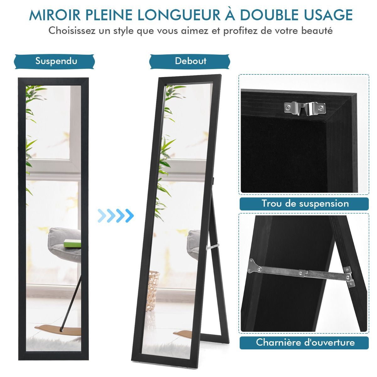 Miroir Sur Pied Psyché Miroir Autoportant Rectangulaire 155 X 37 Cm Style Scandinave Moderne Blanc/Naturel/Noir