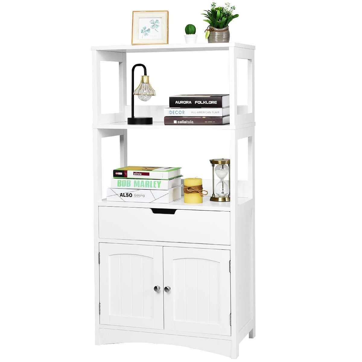 Armoire De Salle De Bain Avec 2 Portes 1 Tiroir 3 Etagères Ouvertes Capacité 70 Kg En Mdf 32,5X60X122Cm Blanc/Noir/Gris