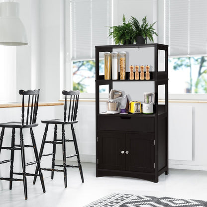Armoire De Salle De Bain Avec 2 Portes 1 Tiroir 3 Etagères Ouvertes Capacité 70 Kg En Mdf 32,5X60X122Cm Blanc/Noir/Gris