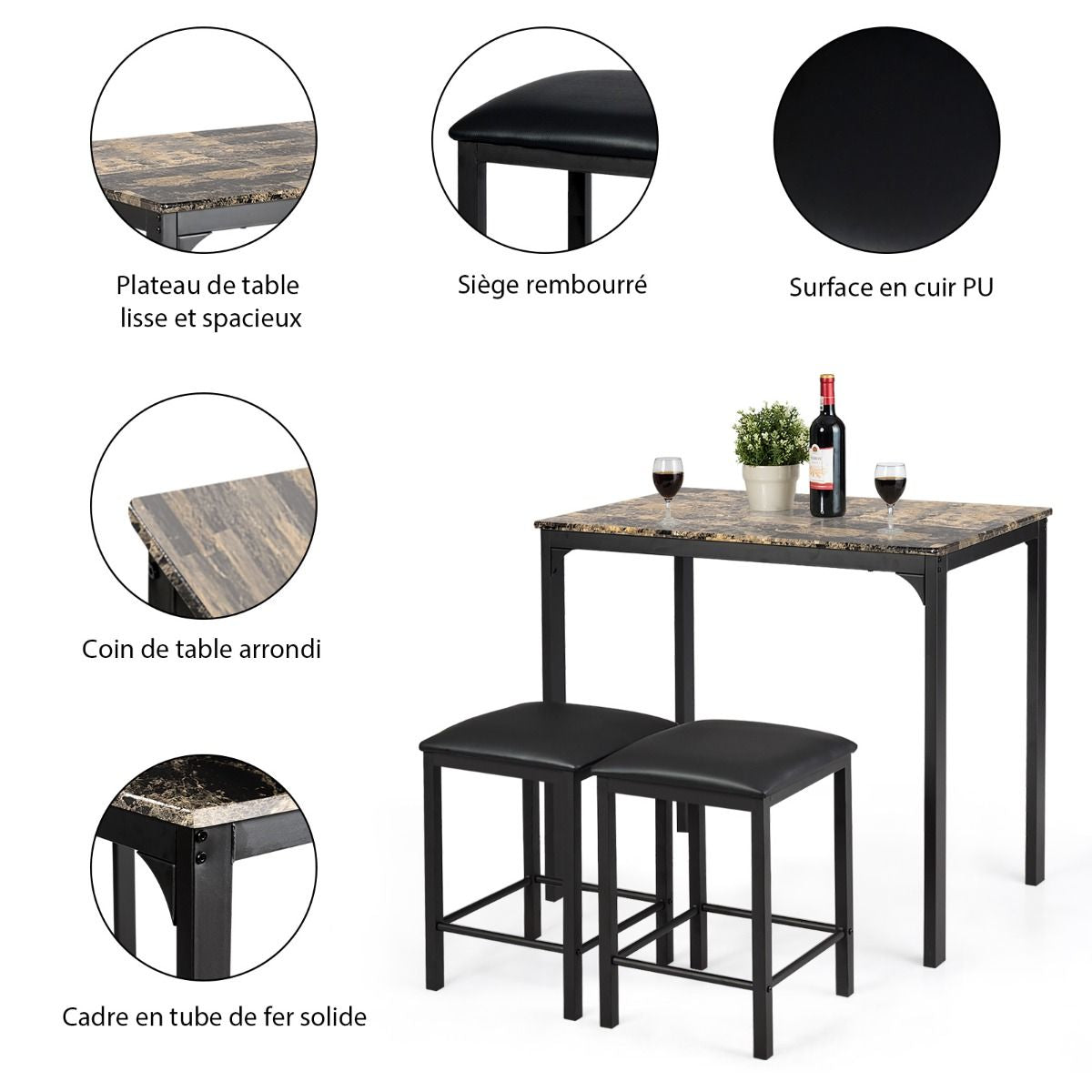 Table Haute Cuisine Avec 2 Tabourets Table Bar Cuisine Cadre En Métal Mange-Debout Industriel Pour Bistro Salle À Manger Cuisine Blanc/Café/Noir