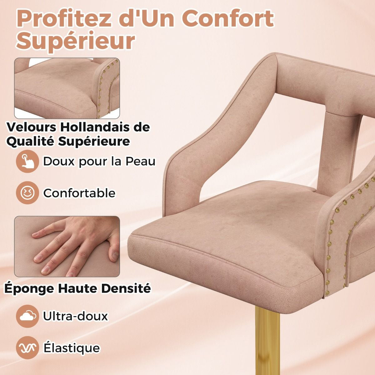 Lot De 2 Chaises De Bar Pivotantes Et Réglables Repose-Pied Base En Métal Galvanisé Anneau Antidérapant Gris/Rose